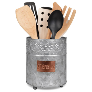 Rustic Farmhouse Galvanized Iron Cutlery Holder Embossed Metal Kitchen <b>Utensil</b> Holder Crock with <b>Copper</b> Label for Countertop - Product Image 1