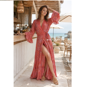 Women's Bohemian Floral Printed Wrap V Neck Full Flared Sleeve Slit Beach Party <b>Maxi</b> <b>Dress</b> Fancy <b>Kimono</b> <b>Dress</b> Bulk India Export - Product Image 1
