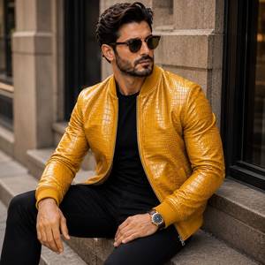 Blouson aviateur en cuir véritable pour homme, col montant, effet croco, finition premium, respirant, fermeture éclair, couleur moutarde - Product Image 5