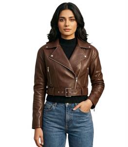 <b>Women's</b> Brown Leather Fashion Jacket <b>Belted</b> Biker <b>Coat</b> Zipper Closure Long Sleeve Regular Fit Streetwear - Product Image 1