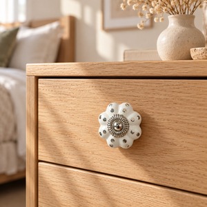 SHUBHAM Luxury Ivory White Ceramic Flower Cabinet <b>Knob</b> with Silver Metal Center & Decorative <b>Crystal</b> Dots for <b>Drawer</b> - Product Image 5