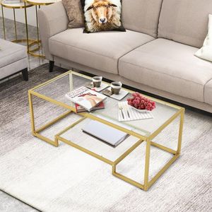Moderno tavolino rettangolare a 2 livelli con piano in vetro mobile da soggiorno - Product Image 1