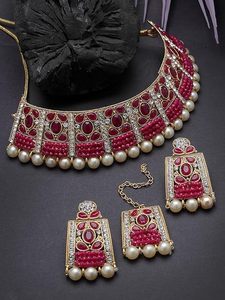 Parure de bijoux plaqué or en alliage de zinc avec zircon rouge, perles et motif floral pour femme, idéale pour mariage - Product Image 6