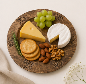 Assiette de présentation artisanale en bois de manguier avec exquise sculpture florale d'Edelweiss, vaisselle rustique ronde pour la table d'hôtel - Product Image 4