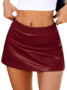 Mini-jupe en cuir taille basse avec short intégré pour femme, micro-jupe-short très extensible - Product Image 1