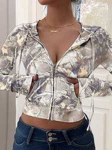 Haut court zippé gris uni pour femme, style streetwear hiver, décontracté, ajusté, à manches longues, avec fermeture éclair frontale, logo personnalisé, OEM, marque privée - Product Image 2