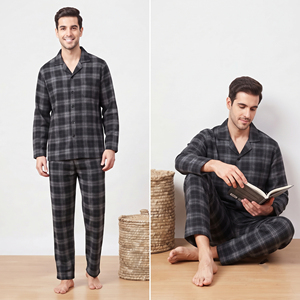 High Quality Waterproof 2 in 1 Flannel Tracksuit Unisex Button <b>Down</b> Plaid Shirt Night <b>Trouser</b> Pajama Set 100% Polyester - Product Image 6