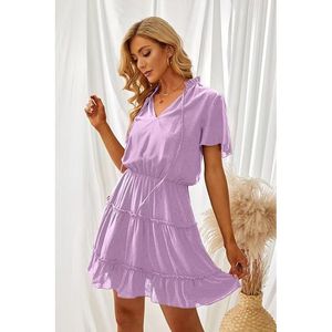Mini Abito Viola con Maniche Corte, Scollo a V e Volant in Chiffon per Primavera Estate - Taglia Media, Abito da Club - Product Image 4