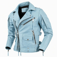 Veste de moto en cuir PU bleu pour homme, imperméable, col rabattable, fermeture éclair, coupe ajustée, manches classiques, style automne