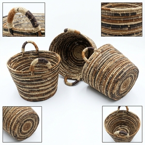 Ensemble de paniers de rangement en jonc de mer naturel, à rayures, ovales et coniques, avec poignée en arche, pour plantes et décoration de table, artisanat d'art pur pour la décoration intérieure - Product Image 2