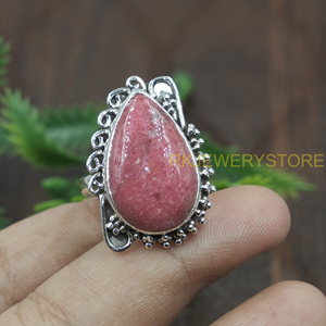 Natural Pink Rhodonite Gemstone 925 Sterling <b>Silver</b> Handmade <b>Ring</b> Vintage Floral Bezel <b>Set</b> Statement Jewelry Women <b>Ring</b> for her - Product Image 5
