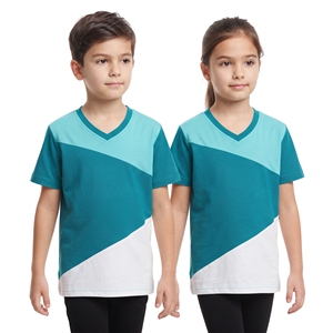 Impression personnalisée, hauts de loisirs pour enfants, blocs de couleurs, t-shirts unisexes à col en V, trois tons, manches courtes, pour garçons et filles, vente en gros - Product Image 3