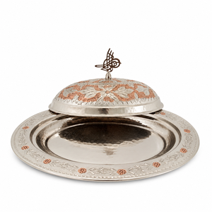 Plat de service artisanal en cuivre et argent allemand avec couvercle en dôme, plateau de service alimentaire de luxe, cloche décorative pour buffet, hôtel - Product Image 1