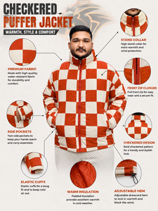 Veste matelassée RexFit pour homme, orange et blanc à carreaux, col montant, fermeture éclair, coupe-vent, décontractée, coupe ample pour l'hiver - Product Image 3