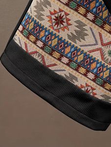 Shorts Bermuda Homme Noir Patchwork avec Cordon de Serrage, Imprimé Tribal, Style Décontracté, Broderie, Toile 100% Polyester - Product Image 4