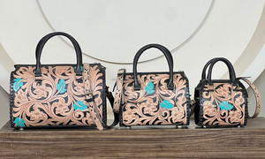 Chic Attire Women's Hand-Tooled Floral Genuine Leather 15-Inch Turquoise Leaf Design Lightweight Durable Eco-Friendly <b>Duffel</b> <b>Bag</b> - Product Image 4