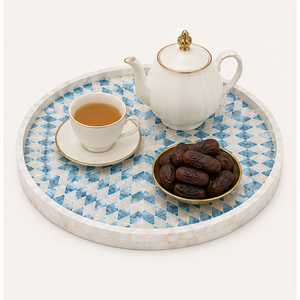 Round Bone Inlay Serving Tray Geometric Blue and White Mother of Pearl <b>Mosaic</b> Decorative Tray Wholesale Coffee Table Centerpiece - Product Image 2