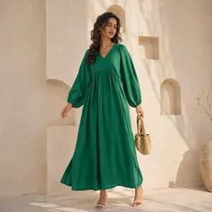 Bohemian Green Plain Cotton Linen Maxi <b>Dress</b> With V-Neck <b>Loose</b> Fit Full Sleeve Boho Style Summer Casual <b>Dress</b> For Women - Product Image 1