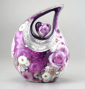 Urne funéraire en émail en forme de goutte d'eau avec motif floral et cœur, pour cendres d'adultes, 200 pouces cubes, écologique et durable - Product Image 1