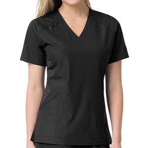 Women V Neck <b>Scrub</b> <b>Top</b> Black Polyester Woven with Pockets for Hospital Uniforms - Product Image 1