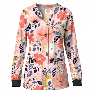 Chaquetas Quirúrgicas Personalizables al por Mayor con Estampado Floral, Manga Larga, Cierre a Presión y Bolsillos con Parche - Product Image 6