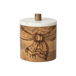 Jarra de Almacenamiento de Madera con Contenedor Étnico de Madera con Tallados Florales y Tapa de Mármol, Pieza Única de Decoración para el Hogar - Product Image 1