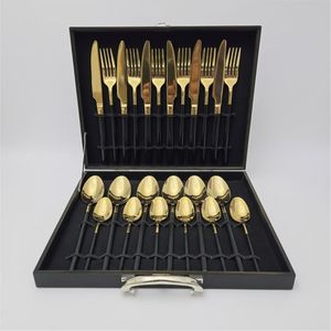 Ensemble de couverts de luxe en or, 24 pièces, en acier inoxydable, avec poignées noires, dans un coffret cadeau haut de gamme pour mariage, hôtel, banquet - Product Image 1