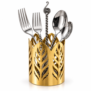 Gold Cutlery Holder with Silverware Set with Different Type of Finish, Wheat Pattern <b>Metal</b> Utensil Organizer - Product Image 1