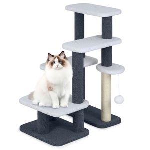Escalera para Gatos 2 en 1 con Poste Rascador de Sisal, 4 Niveles, para Gatos Mayores y Perros de Patas Cortas, Diseño Sólido, Embalaje en Cartón - Product Image 1