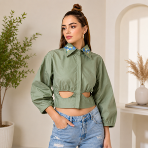 Women's Green Cotton Poplin Floral Print Embroidered Cut-Out <b>Balloon</b> Sleeve Crop Blouse Mandarin Collar Casual Spring Summer Top - Product Image 2