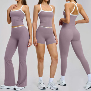 Leggings de yoga taille haute sans coutures, longueur intégrale, couleur unie, pour femme, avec design dos évidé, en Spandex/Nylon respirant - Product Image 3