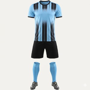 Conjunto de camiseta de fútbol a rayas negras y azul cielo personalizada al por mayor para hombre, camiseta de fútbol personalizada, transpirable, atlética, con cuello redondo y corte regular. - Product Image 1