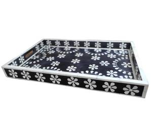 Bandeja artesanal de estilo vintage con incrustaciones de hueso, brillante y reluciente, hecha en India. |   Bandeja Decorativa con Incrustaciones de Hueso y Diseño Floral Geométrico - Product Image 5