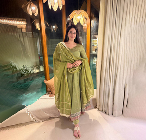 Modern Anarkali Tabby Organza Silk Gown New Fashionable Floral Pattern Midi Length Dupatta for Weddings Low Price - Product Image 1