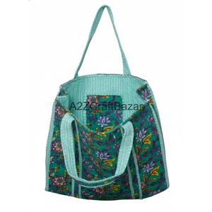 Eco-Friendly Women's 100% Pure Cotton Striped Quilted Tote <b>Bag</b> Long Handle Large Size Travel Ready for Groceries Party Use - Product Image 3