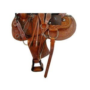 Western Brown <b>Leather</b> Floral Hand <b>Tooled</b> Design Barrel Racing Horse Saddle Studded Black Suede Seat SS Fitting 10"-18" Inch - Product Image 3