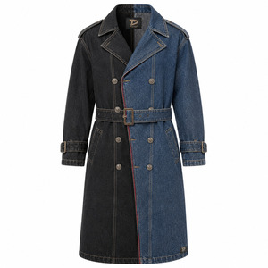 Abrigo Largo de Mezclilla Bicolor para Hombre, Estilo Gabardina Oversize Negro y Azul con Cinturón, Ropa Exterior Urbana - Product Image 2