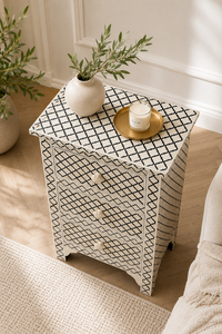 Decorative Bone Inlay Solid Wood Nightstand Handmade Bedside Table Three Drawer Storage <b>Cabinet</b> for Bedroom - Product Image 4