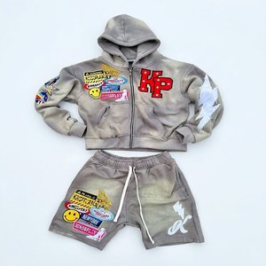 Conjunto de Sudadera con Capucha y Pantalones Cortos para Hombre, Diseño Gris con Parches, Estilo Urbano, Chándal Vintage Lavado, Ropa Deportiva para Exteriores, Venta al Por Mayor OEM - Product Image 1