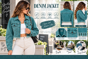 Women's Teal Denim <b>Trucker</b> <b>Jacket</b> With Fringed Hem Long Sleeve Turn-down Collar Cropped Fit Spring Wear - Product Image 4