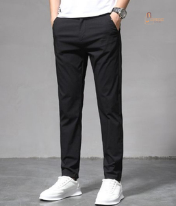 กางเกงขายาวผู้ชายสีพื้นผ้าบางใส่สบายสไตล์ลำลอง ยืดได้ น้ำหนักเบา ซิปกลาง ผ้าฝ้าย ขายดีประจำฤดูใบไม้ร่วง - Product Image 2