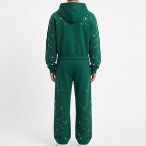 Ensemble de survêtement tendance vert pour homme avec strass scintillants, en molleton, deux pièces, style jogger, streetwear oversize - Product Image 3