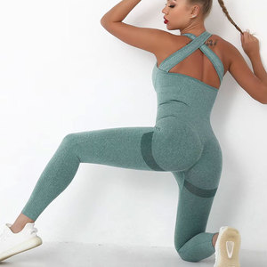 Two Piece Yoga Set High Waist Elastic Waist Full Length Leggings Racerback Square Neck Crop <b>Top</b> Color Blocking Seamless - Product Image 4