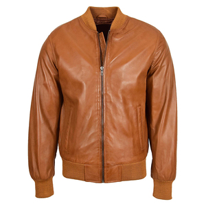 Blouson aviateur en cuir marron pour homme, col montant, fermeture éclair, coupe décontractée, couleur unie, doublure en coton, idéal pour l'automne - Product Image 1