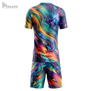 Ensemble d'uniformes de football personnalisés par sublimation, maillot et short de football pour hommes, motif abstrait psychédélique, kit d'équipe ondes néurales néon - Product Image 2