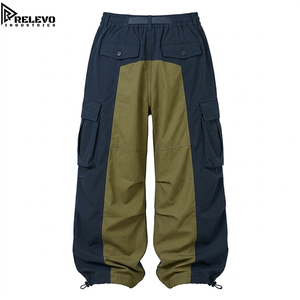 High Quality OEM Custom Men Split Two-Tone Canvas Cargo Pants, Wholesale Navy Blue Olive Green Colorblock <b>Elastic</b> Waist <b>Belted</b> - Product Image 2