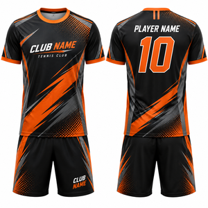 Conjunto de Tenis Personalizado Sublimado, Transpirable, de Poliéster, con Estampado Geométrico Negro y Naranja, de Secado Rápido, Unisex, Manga Corta, Cuello en V, Elástico - Product Image 1