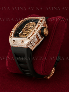 Reloj de Lujo con Esfera de Moissanita para Hombre, Totalmente Cubierto de Diamantes, Oro Rosa, Mecánico Automático, Correa de Goma Negra, Caja Tonneau - Product Image 4