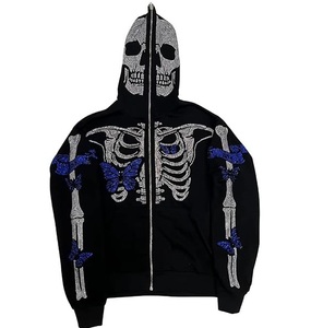 Fashionable Oversized Down Shoulder Skeleton Skull Pattern Printing Hoodies Rhinestones Zipper Pullover Hooded Breathable - Product Image 6