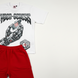 ชุดเสื้อยืดสีขาวกางเกงขาสั้นสีแดง Cyber-Genesis สำหรับผู้ชาย สไตล์สตรีทแวร์ ผ้าฝ้ายพิมพ์ลาย ชุดลำลองฤดูร้อน คอกลม กางเกงขาสั้นมีเชือกผูก - Product Image 4